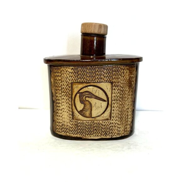 Icy Road Clay Pottery Stoneware Flask Pelican Wood Cork Stopper Artist Stamped - Picture 1 of 9
